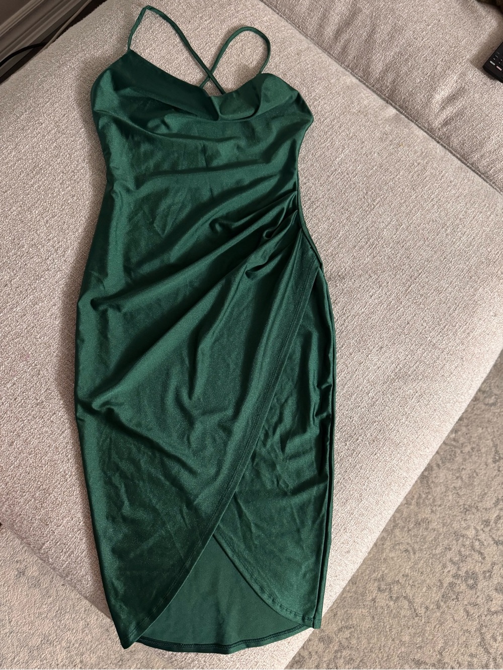 Misty Rose Emerald Green Satin Wrap Midi Dress - Women